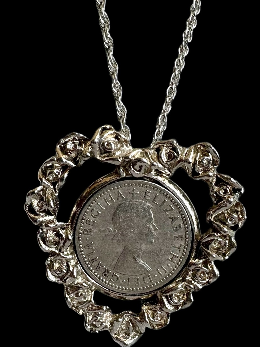 Vintage Pendant British Sixpence Coin Queen Elizabeth II Heart of Roses Necklace